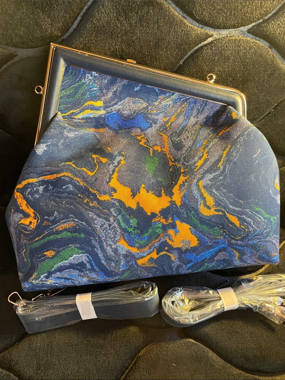 Marble-Print Frame Clutch in Navy with Orange Accents